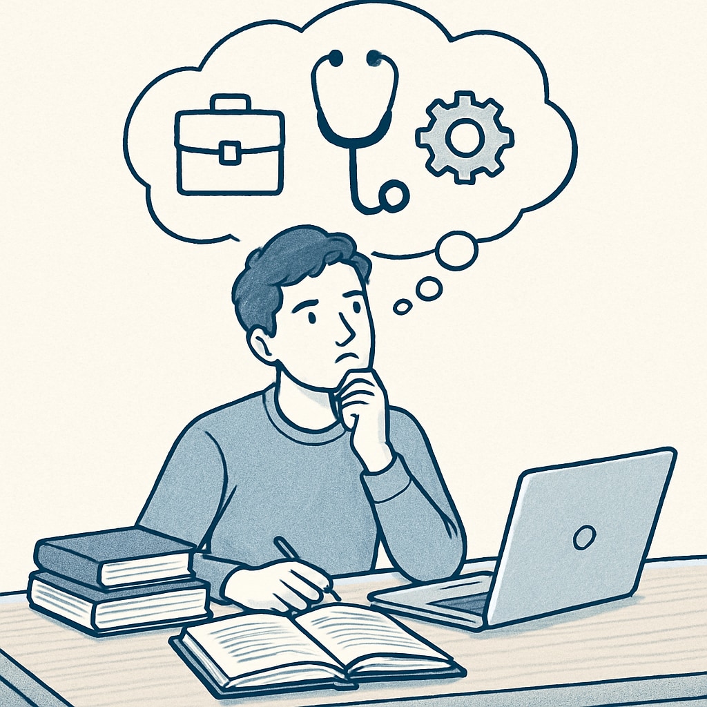 A young adult sitting at a desk with books and a laptop, contemplating their career options. Young adult contemplating career and education options after leaving college.