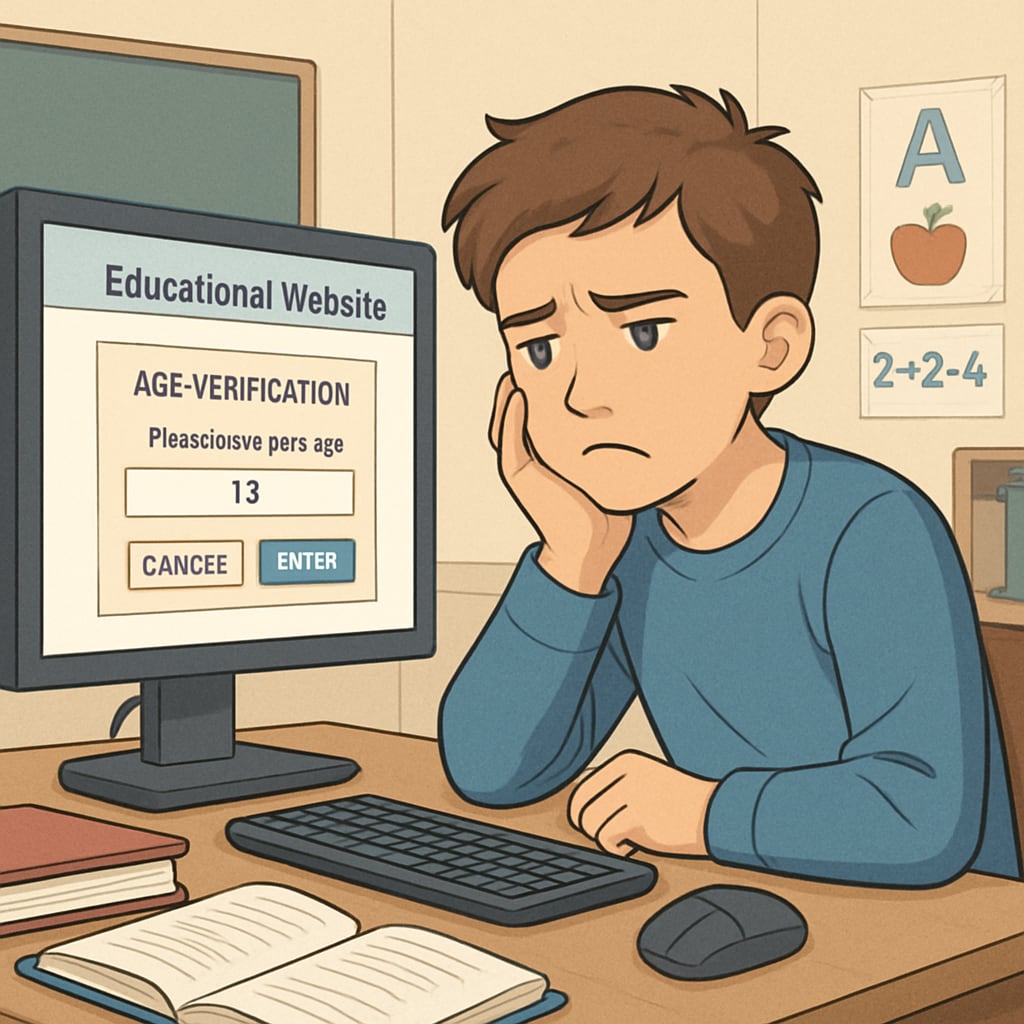 A student struggling to access an educational website due to age verification laws, symbolizing the challenges faced in K12 education. Age verification laws restricting student access to educational websites.
