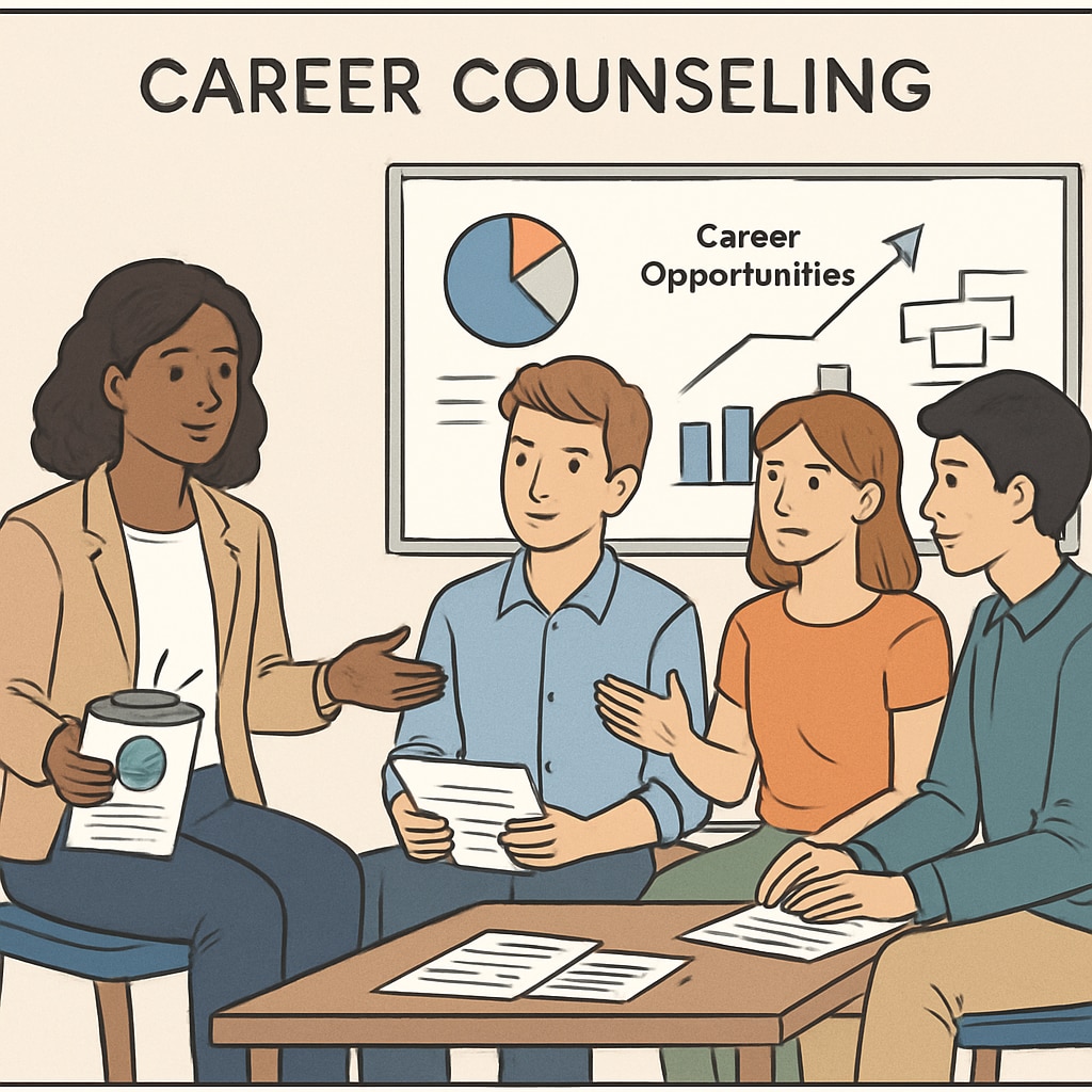 A group of young adults engaged in a career counseling session, discussing opportunities and pathways. Group of young adults participating in career planning and counseling.