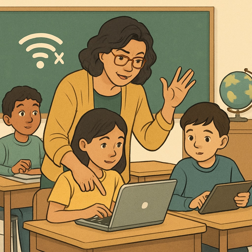 A teacher guiding students through digital learning amidst restricted online resources, illustrating the role of educators in navigating these barriers. Educators helping students overcome online restrictions due to age verification laws.