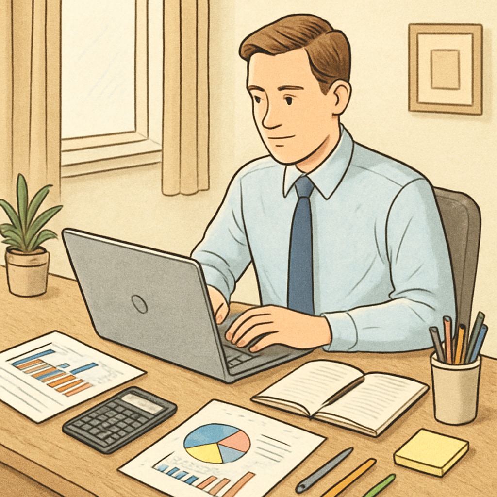 A professional studying online from their home, using a laptop, with business-related materials such as financial charts and a notebook nearby. Flexible online learning for business and finance professionals.