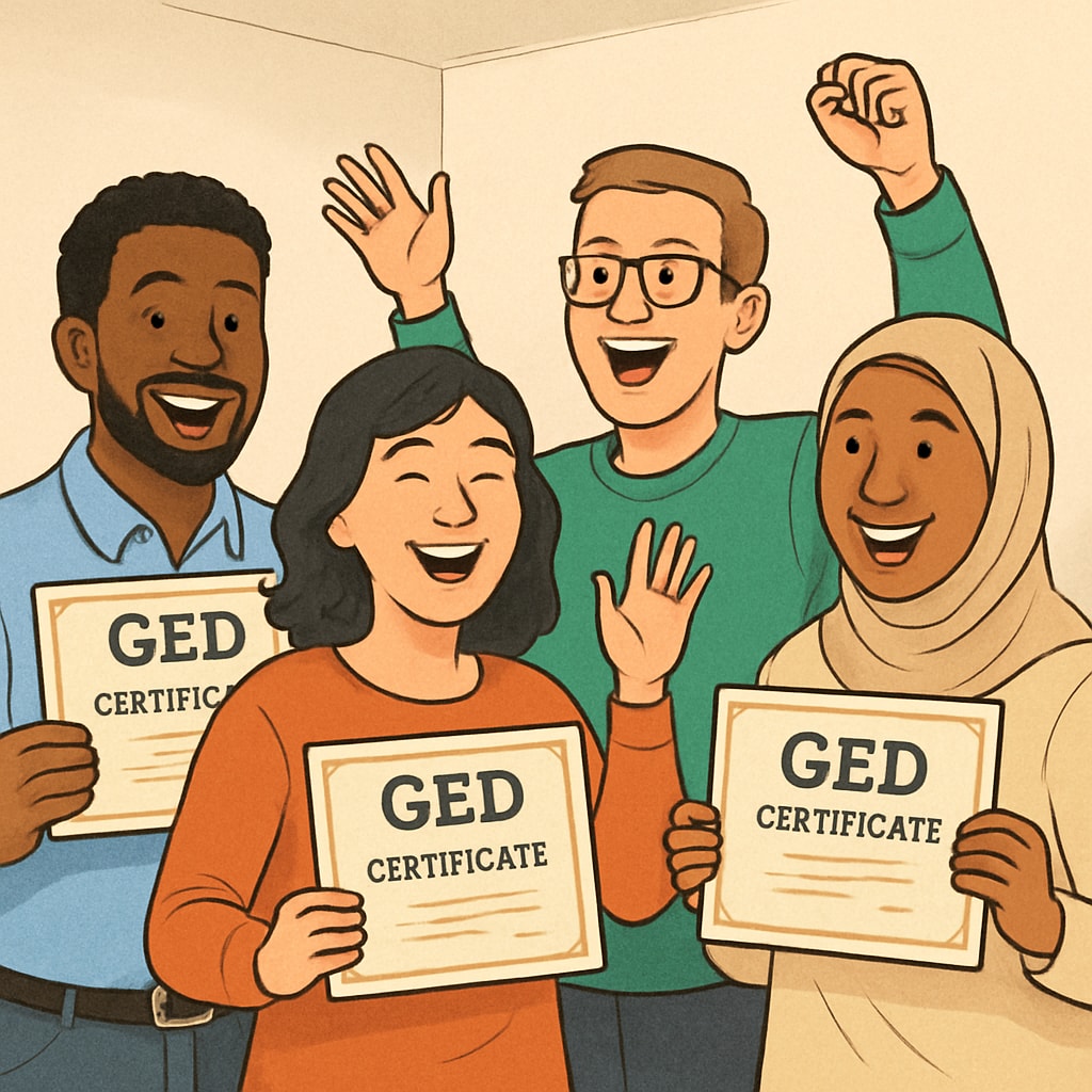 A diverse group of adult learners celebrating graduation with their GED certificates. Adult learners celebrating GED graduation.