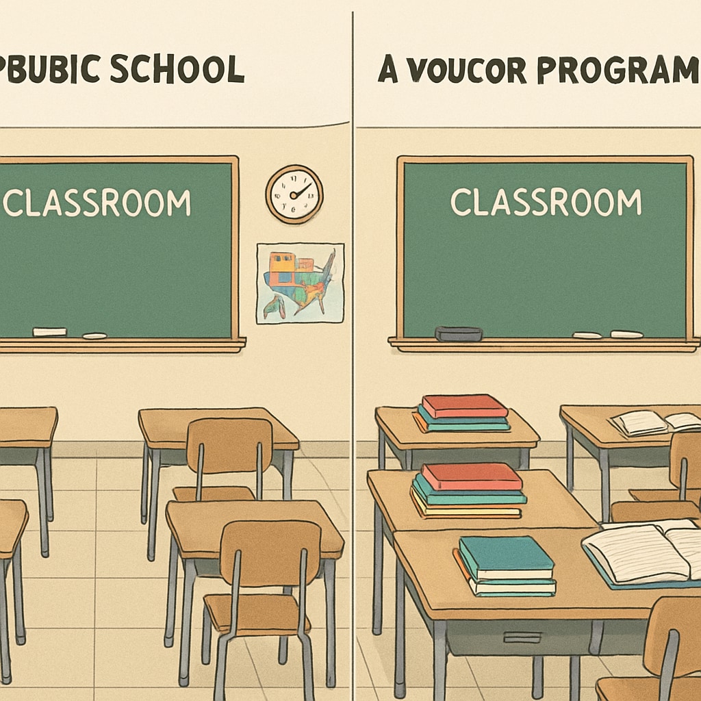A classroom in a public school undergoing changes in resources due to voucher program expansion. Classroom impacted by school voucher program, showing resource adjustments.