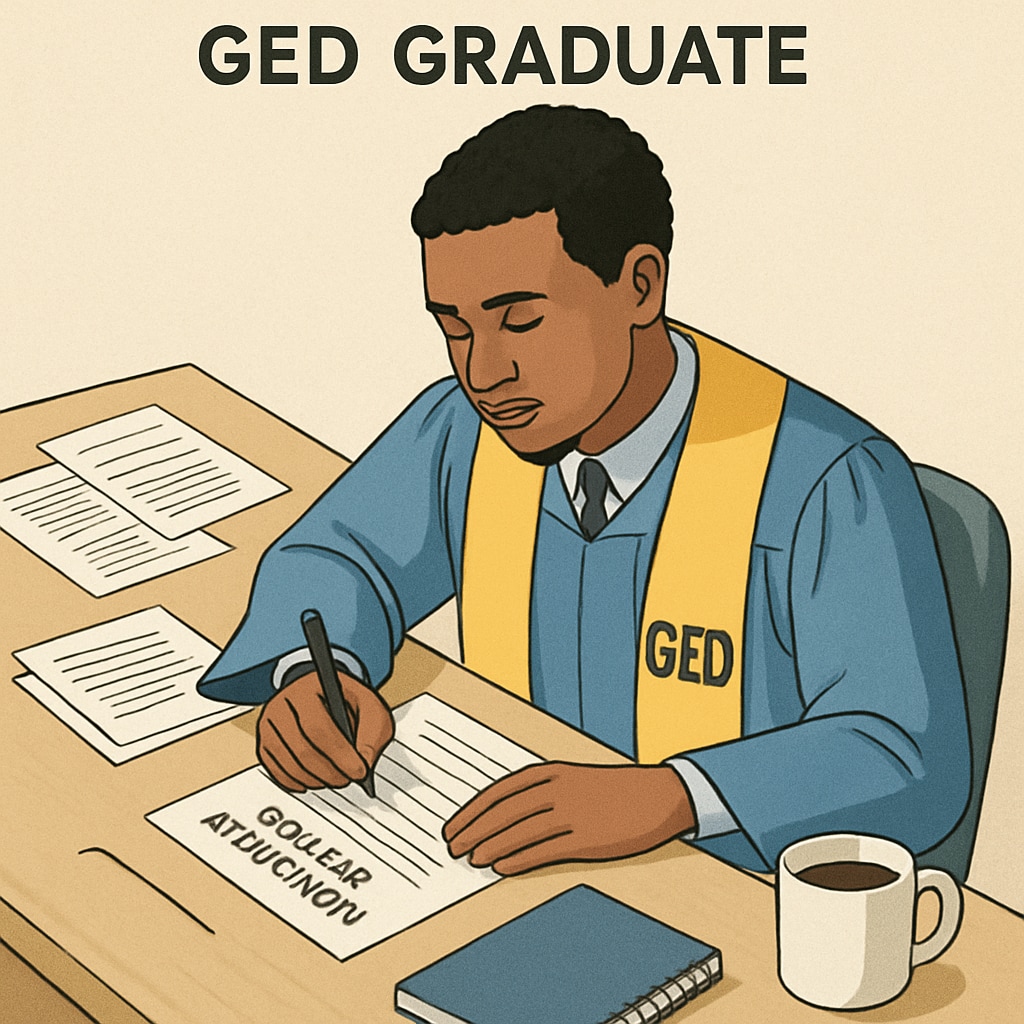 A GED graduate filling out a college application form at a desk with supportive materials. GED graduate completing college application.