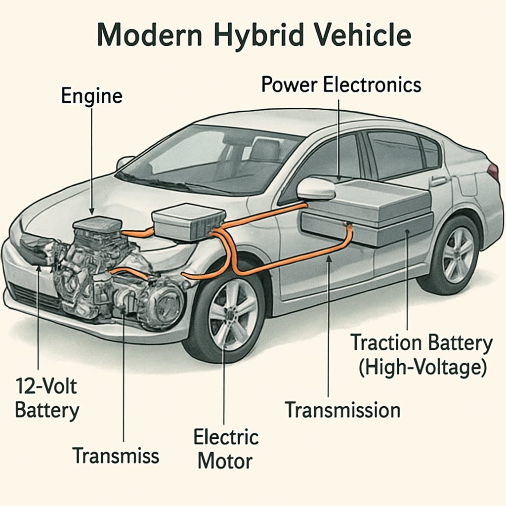 Diagram showing electrical components in hybrid vehicles for automotive and apprenticeship insights.