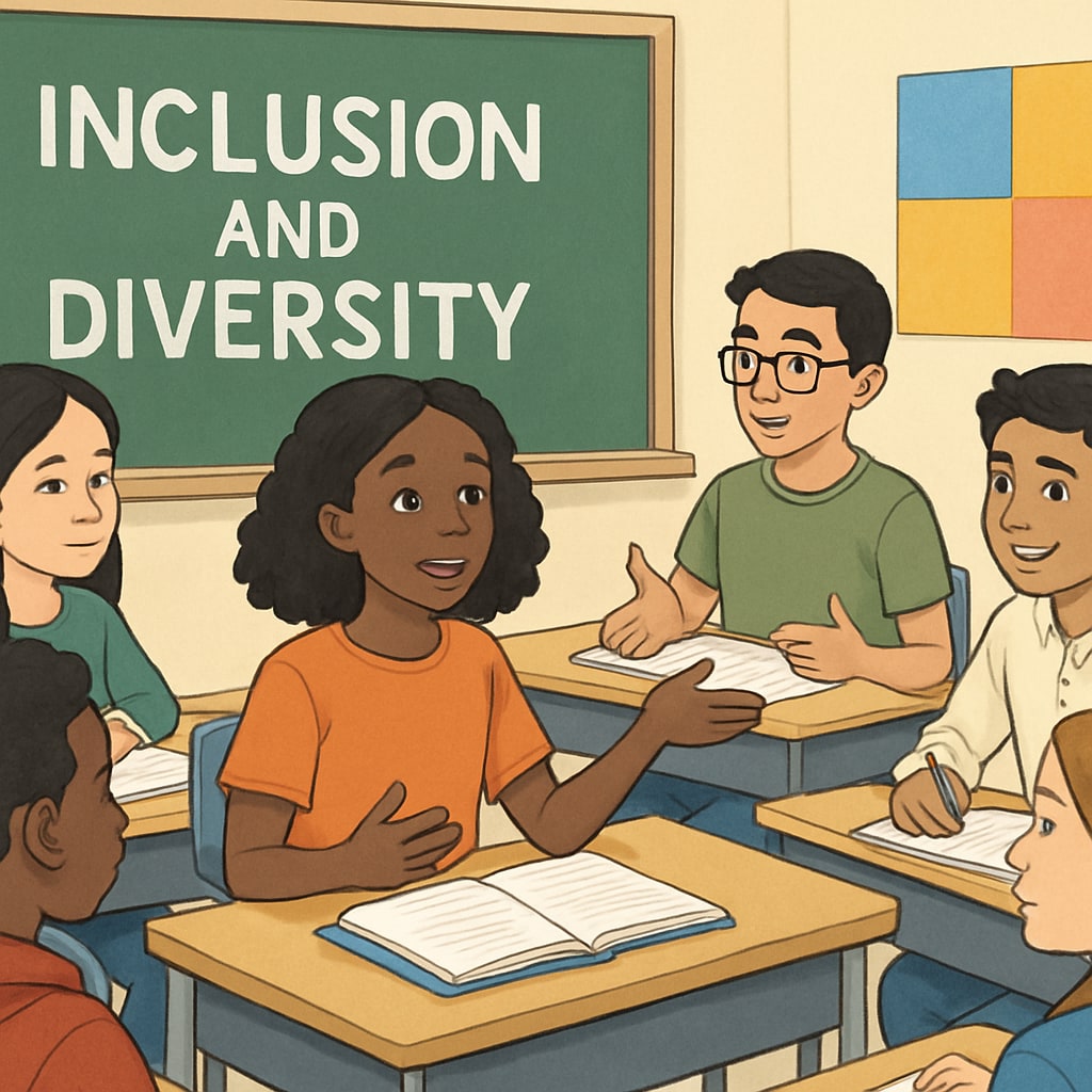 A classroom with diverse students engaged in a discussion about inclusion, illustrating the topic of diversity courses. Students in a classroom discussing diversity and inclusion, connected to the theme of public records requests for diversity courses.