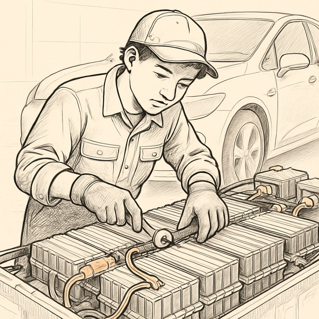 Apprentice handling electric vehicle battery system to showcase practical electrical training.