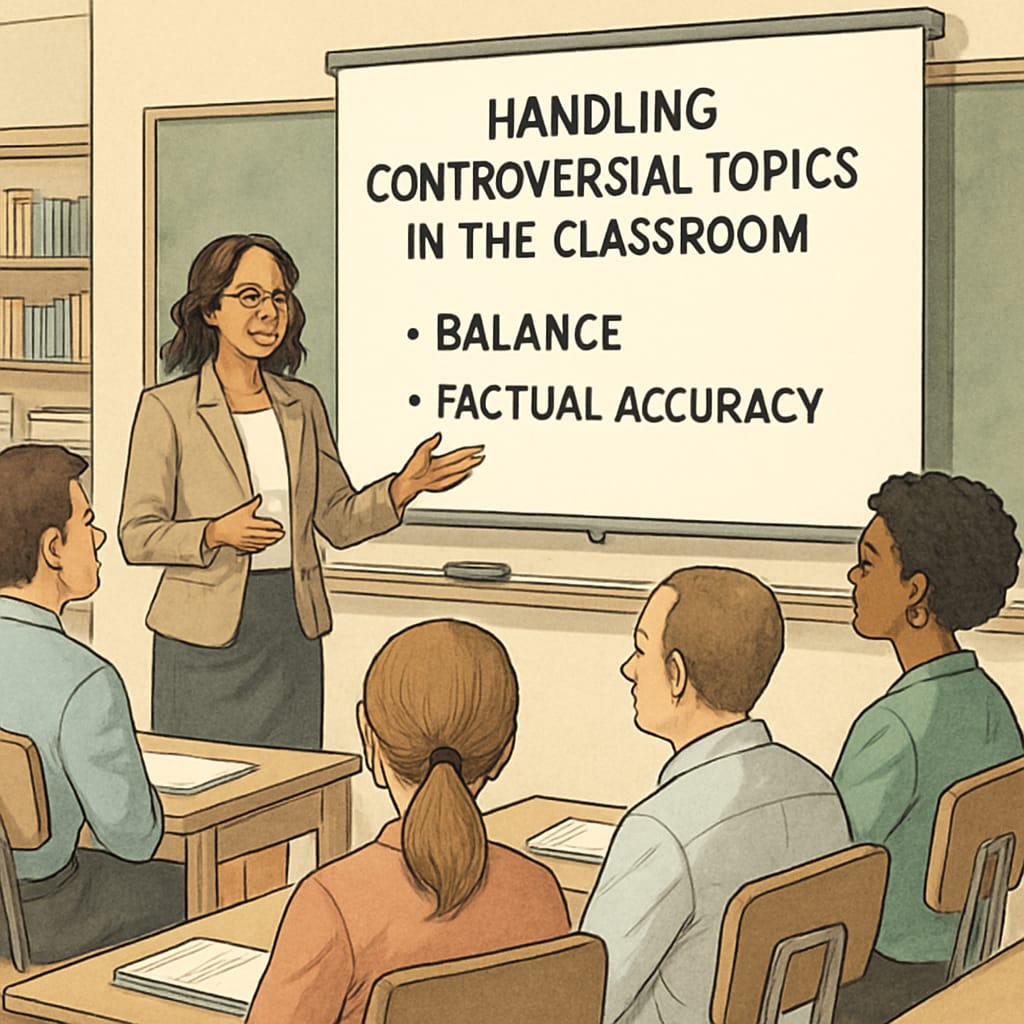 A teacher conducting a professional development session on addressing controversial topics in the classroom, emphasizing balance and factual accuracy. A teacher leading a training session on how to handle sensitive topics in education, relevant to diversity courses and public records requests.