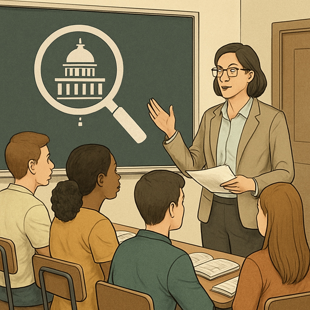 A classroom setting with a teacher addressing students, symbolizing the intersection of education and political scrutiny. Teacher addressing students in a classroom, representing education and politics.
