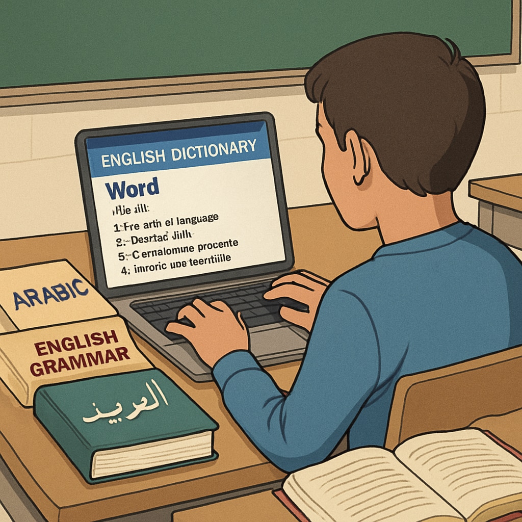 A student using a laptop with an English dictionary app open, surrounded by textbooks in both Arabic and English. A student using tools to adapt to an English-language education environment.