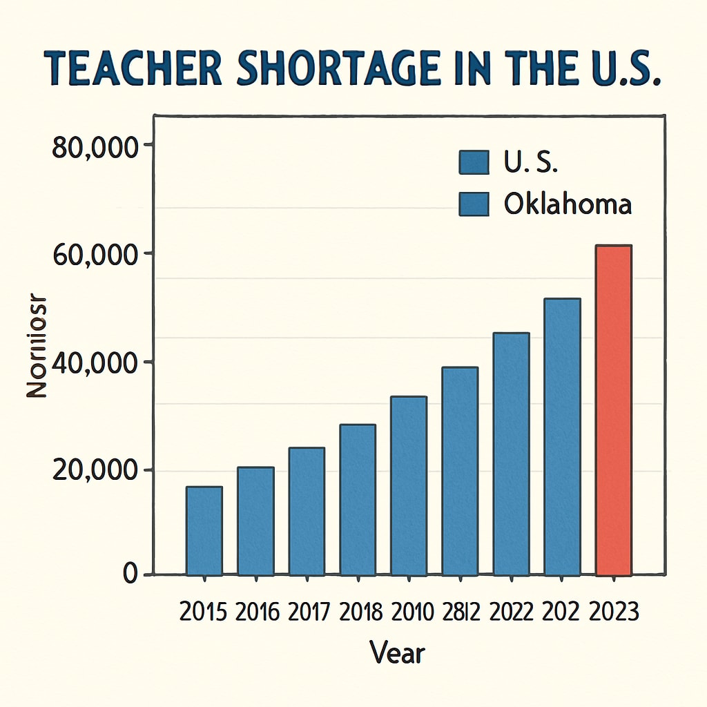 A graph illustrating the teacher shortage trend in the U.S., highlighting Oklahoma’s position. Graph showing teacher shortage in the U.S. with Oklahoma’s data emphasized.