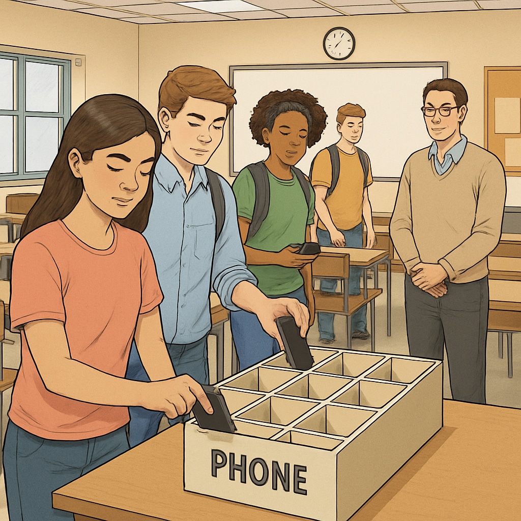 A high school classroom with students placing mobile phones into a storage box before class begins. Students putting mobile phones into a storage box as part of a phone ban policy in schools.