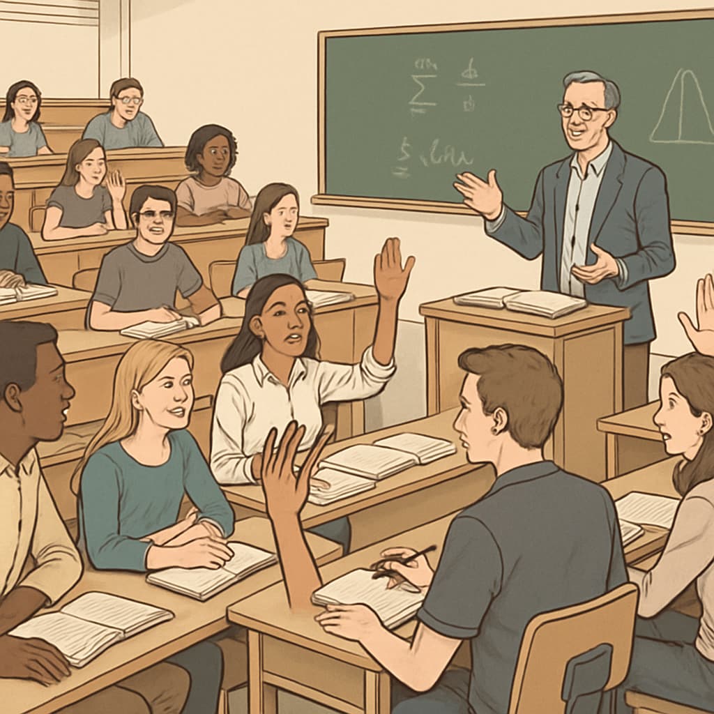 A university lecture hall with students engaged in a discussion, symbolizing intellectual exploration and academic growth. Students in a lecture hall exploring academic ideas.