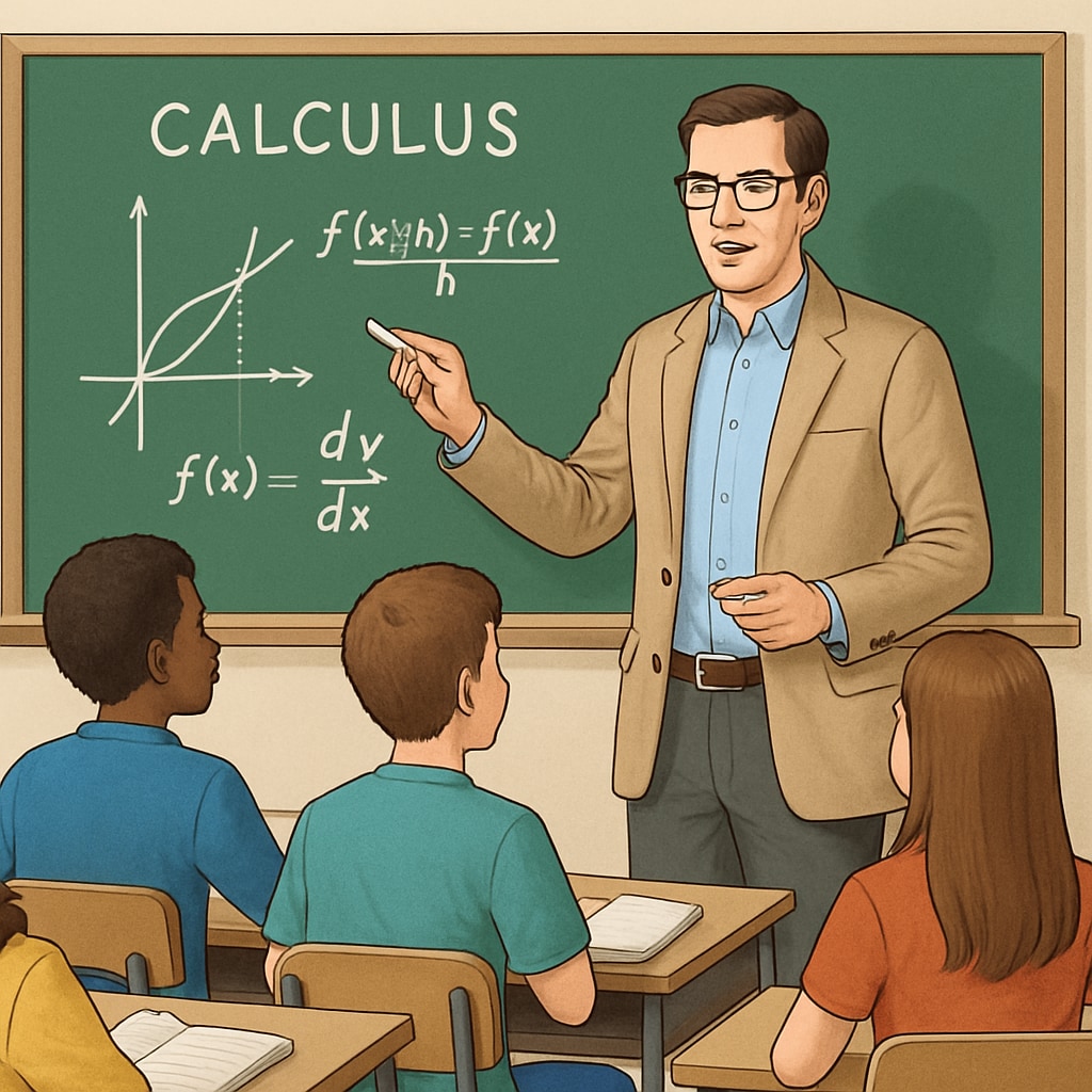 A classroom setting where a teacher is explaining calculus concepts to high school students using a chalkboard. High school students learning calculus in a classroom setting to overcome math challenges.