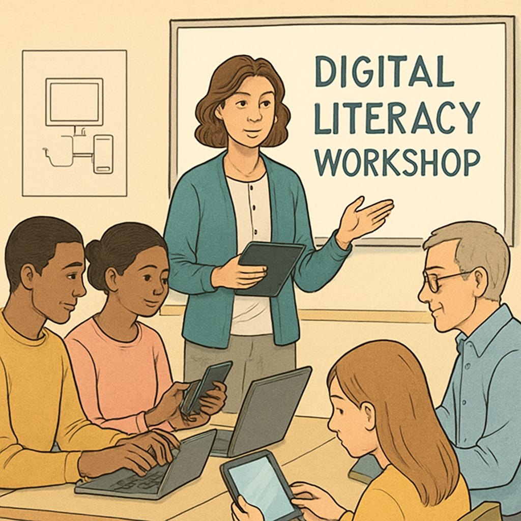 A teacher leading a digital literacy workshop in a classroom, with laptops and mobile devices visible. A teacher conducting a digital literacy workshop, highlighting the balance between technology use and education.