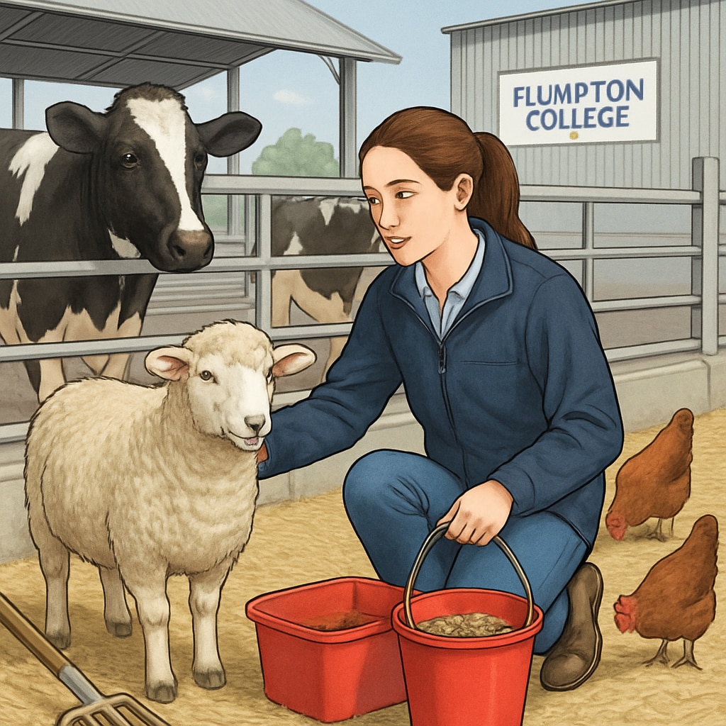 A student working hands-on with animals at Plumpton College’s agricultural facilities. Plumpton College student caring for animals during a practical session.
