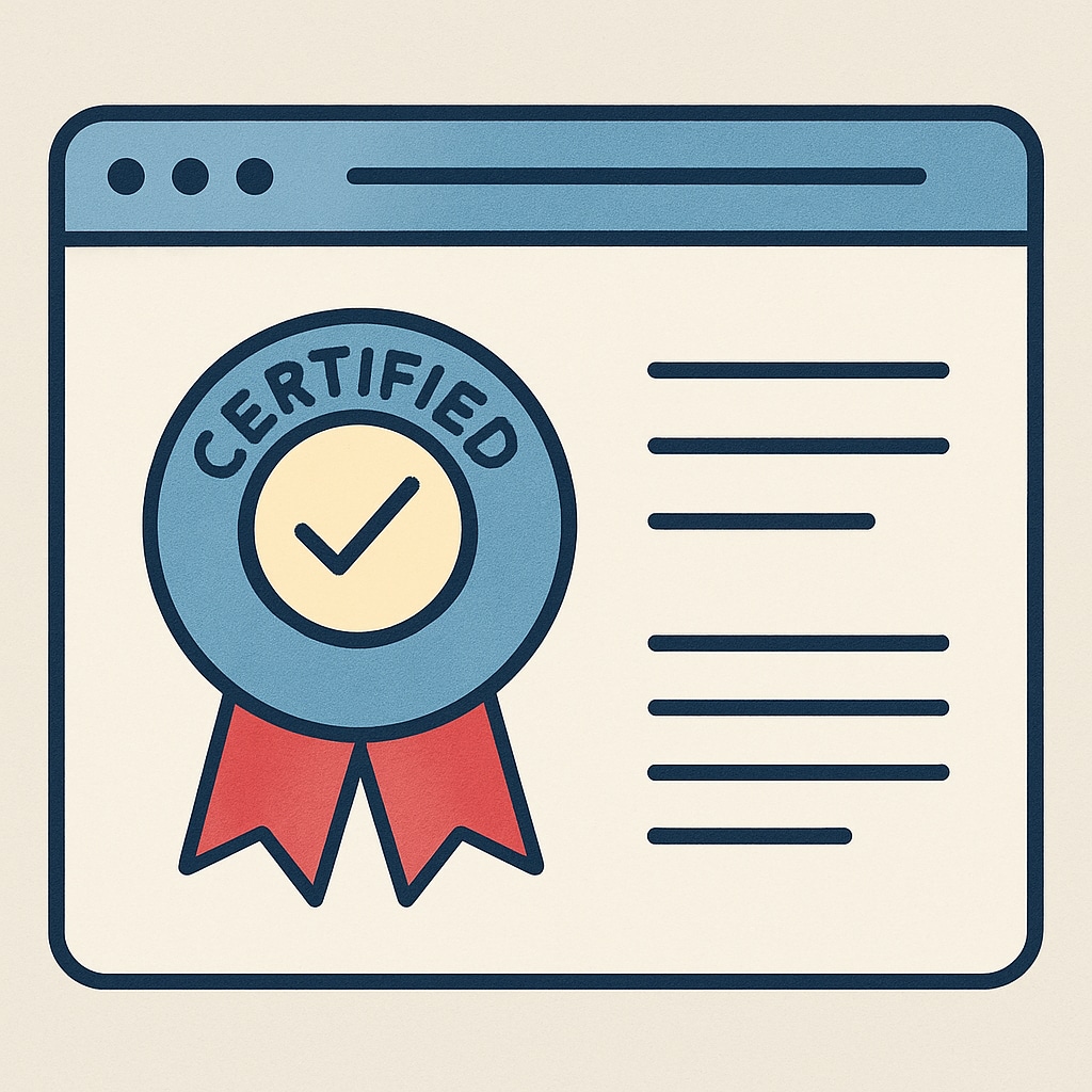 A certification badge on a website screen, symbolizing accreditation. Accreditation badge displayed on a website, indicating a legitimate program.