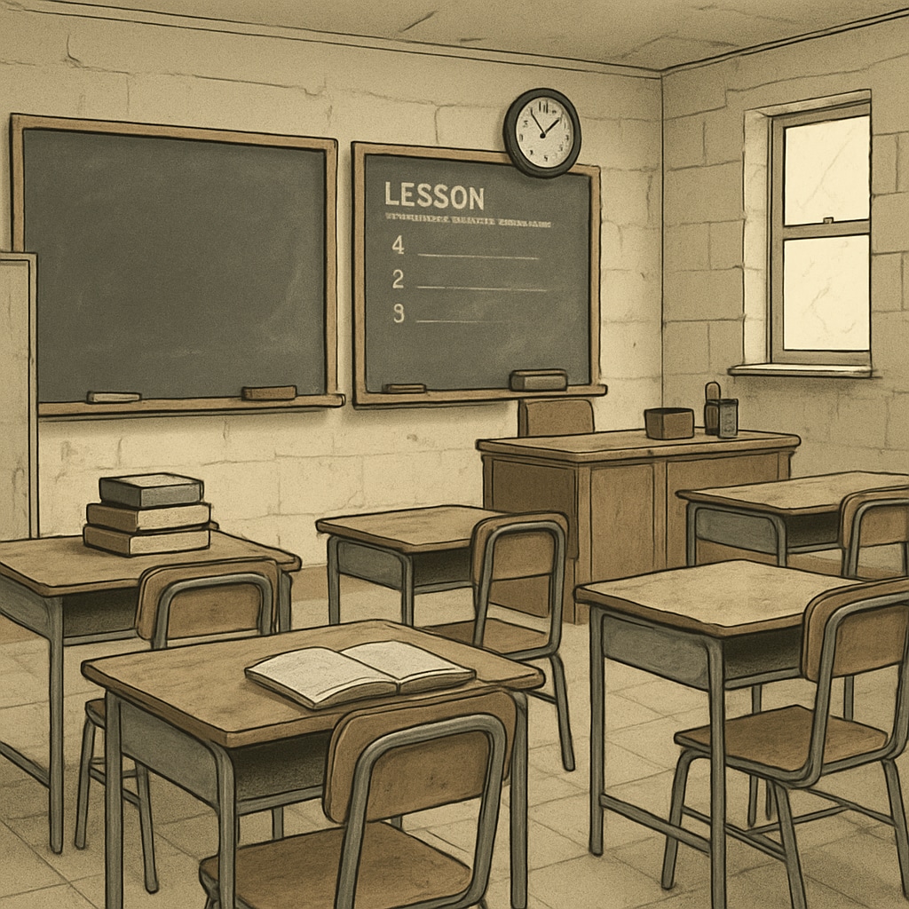 A classroom in a public school showing outdated facilities and limited resources, emphasizing the challenges faced by underfunded schools. A public school classroom with limited resources, highlighting funding challenges.