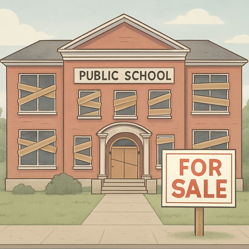 A closed public school building with a A closed public school with a
