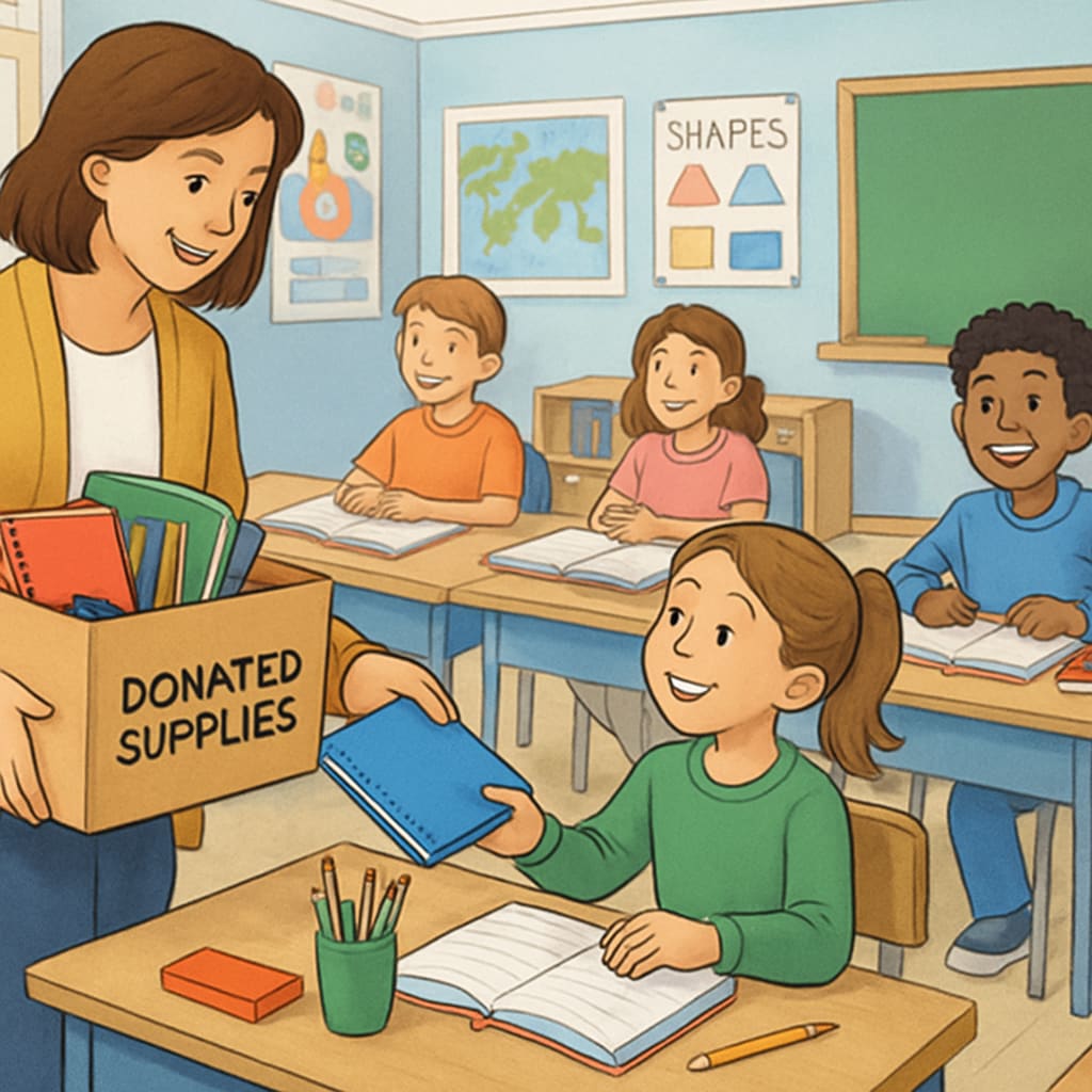 A teacher distributing donated school supplies to students in a colorful classroom setting. Teacher handing out classroom donations to students.