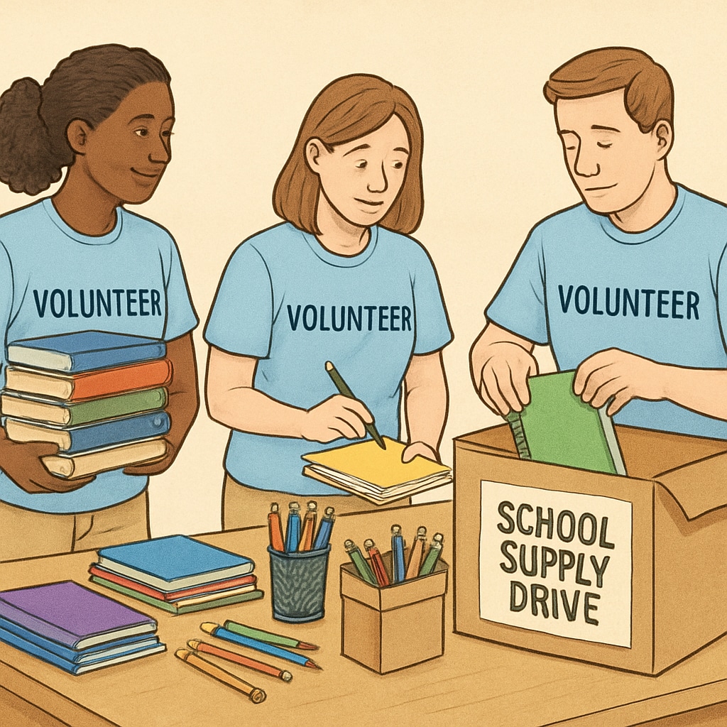 Volunteers organizing donated educational materials for a school supply drive. Volunteers preparing donated classroom supplies.