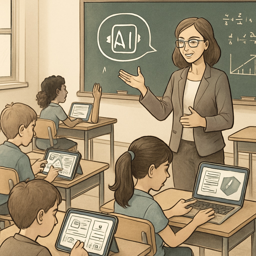 AI tools in education: Students interacting with AI-based learning platforms in a classroom.