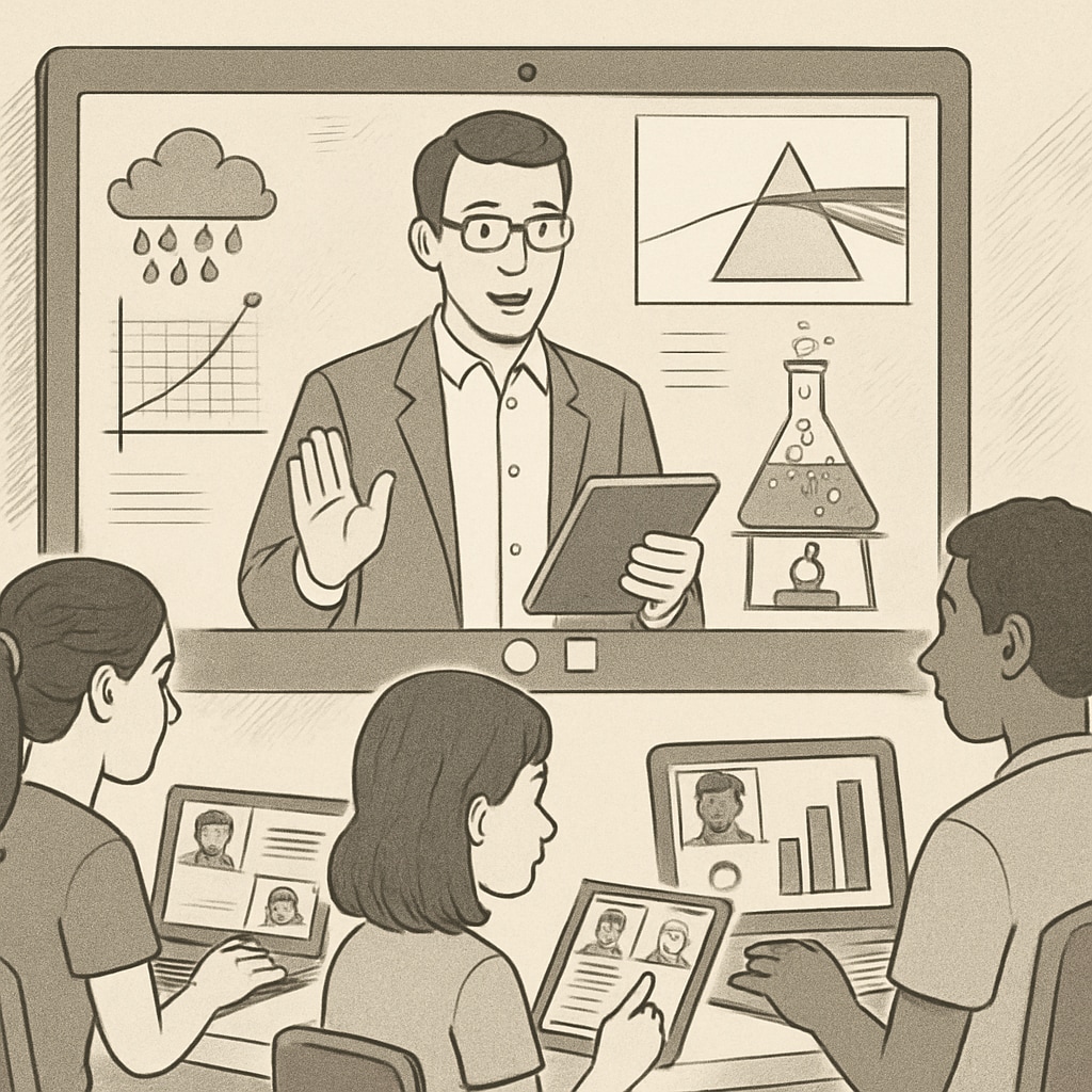 An educator leading a virtual workshop on phenomena-based science instruction. OpenSciEd educator hosting a workshop on science teaching methods.