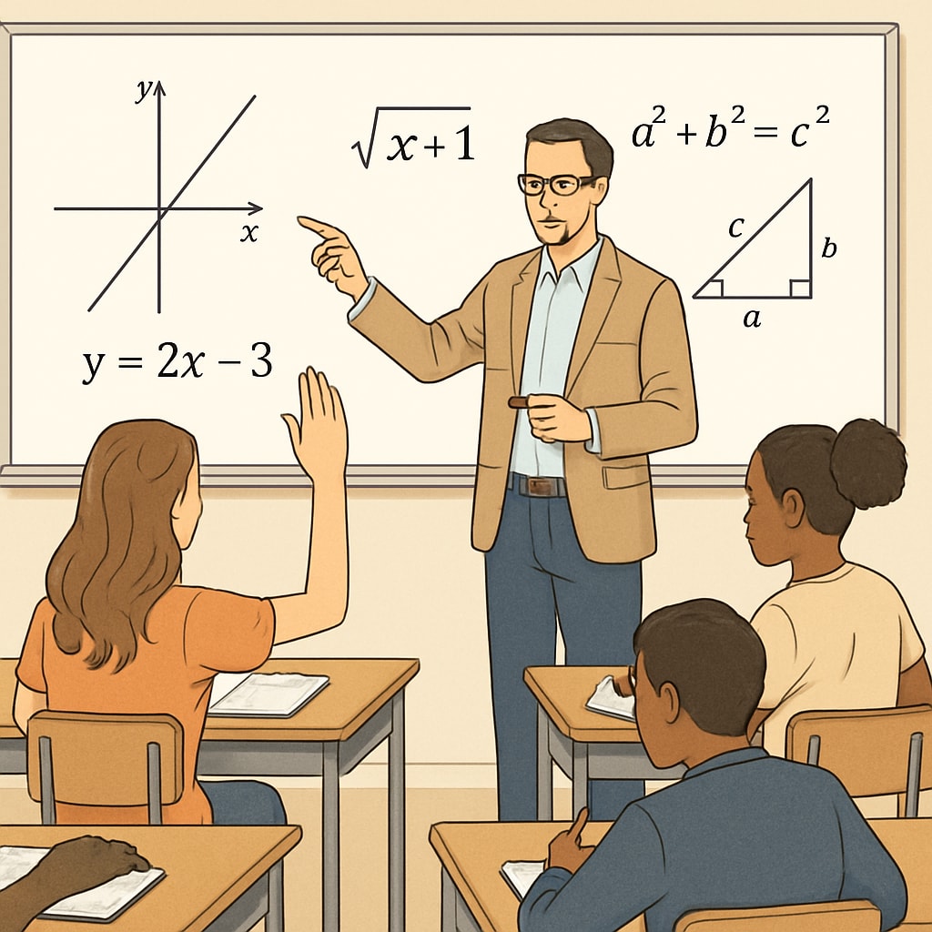 A classroom setting showing a teacher explaining high school math concepts on a whiteboard, with students actively participating. High school math classroom with active student participation.
