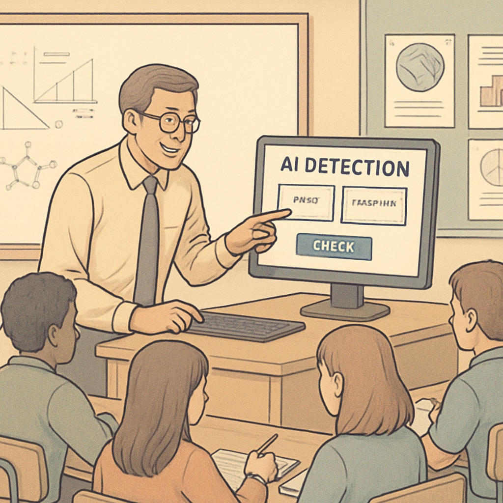 Academic integrity: Teacher showcasing an AI-powered plagiarism detection tool to students.