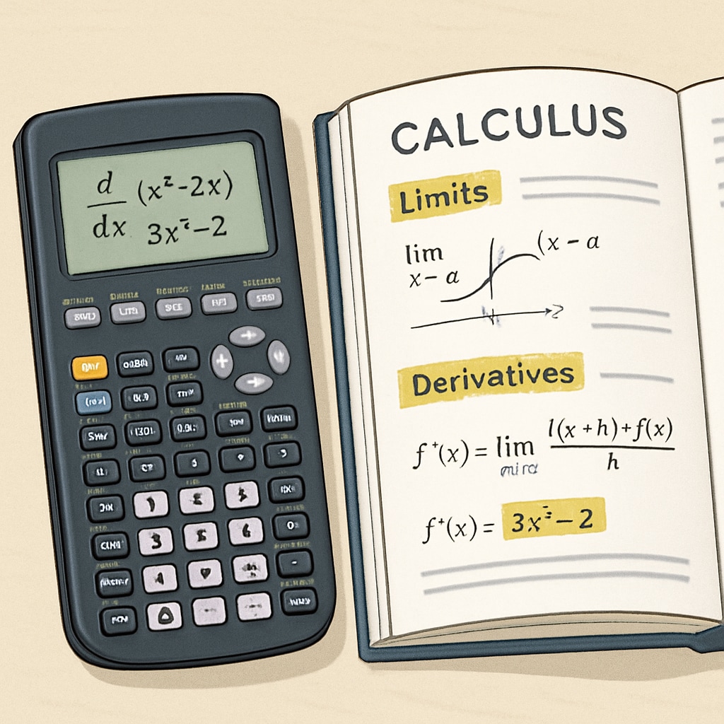 A graphing calculator displaying a derivative function, placed next to a math textbook with highlighted sections on calculus concepts. Graphing calculator and textbook featuring calculus concepts.