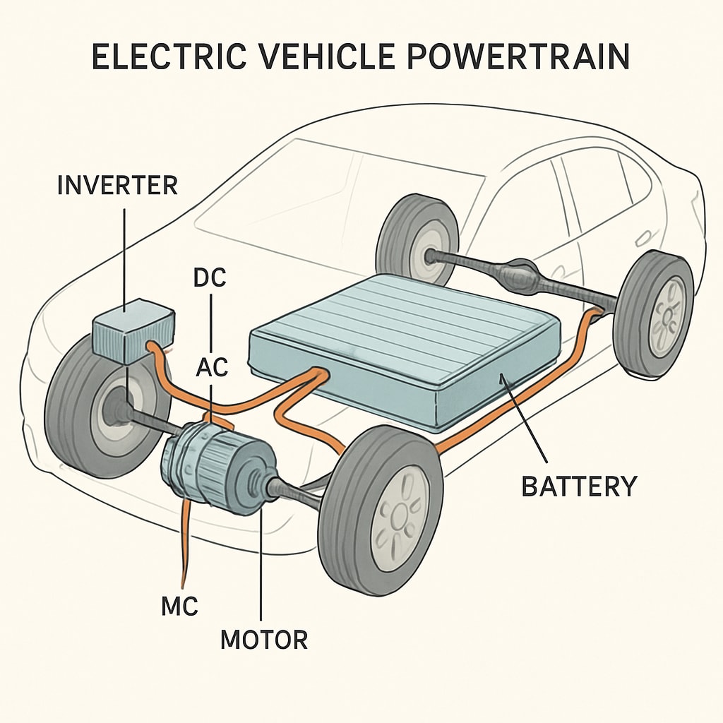 A technical schematic showing an electric vehicle's powertrain, highlighting key electrical components like the battery and motor. Diagram of an EV powertrain with emphasis on battery and motor systems, illustrating the importance of electrical learning in the automotive industry.