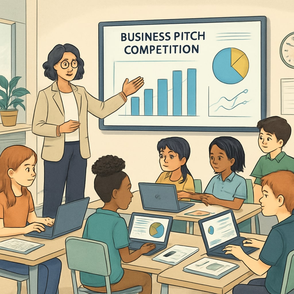 Mentor guiding students in a virtual business pitch competition