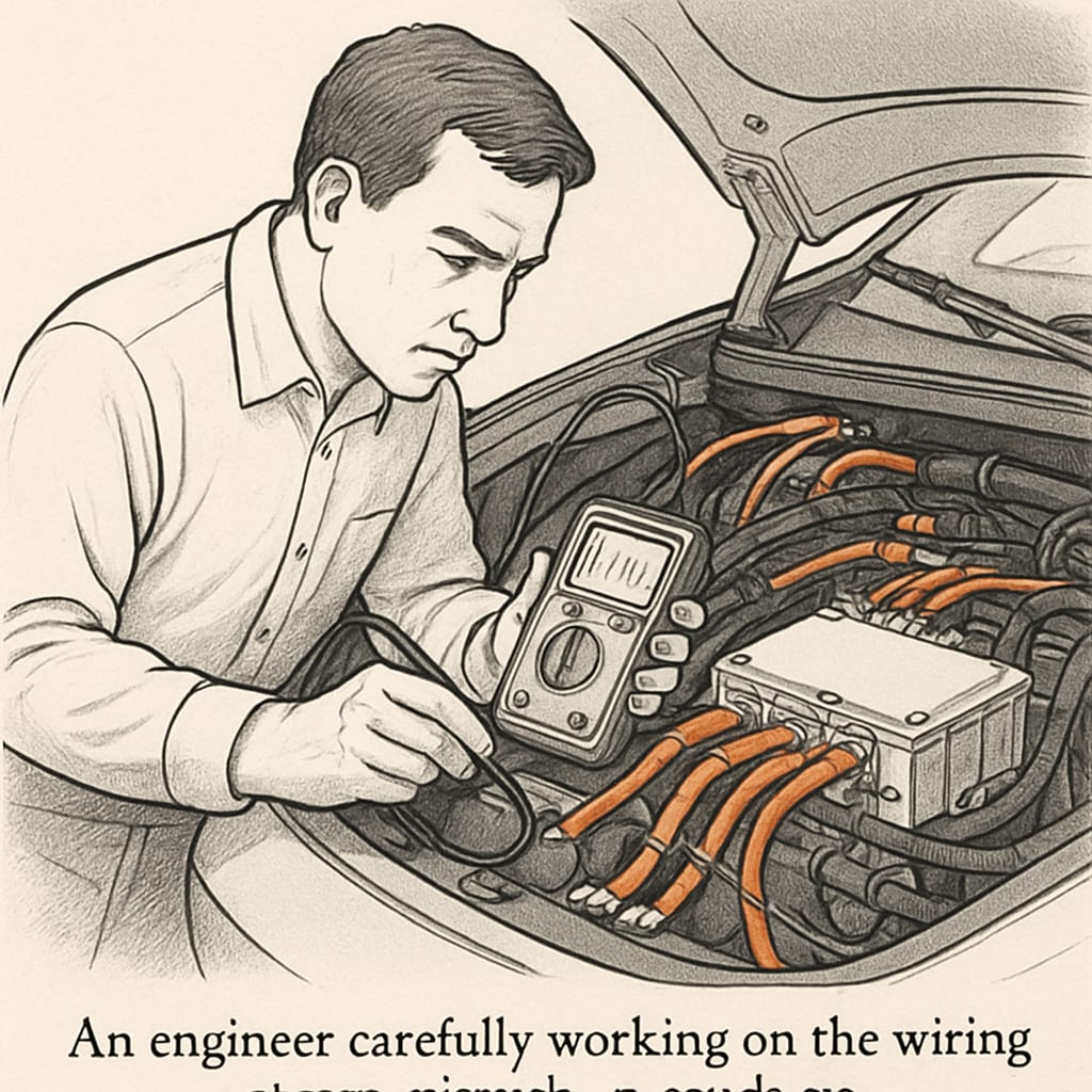 An engineer working on an electric vehicle’s wiring system, using diagnostic tools to ensure proper functionality. Automotive engineer diagnosing an EV's wiring system, demonstrating hands-on electrical skills.