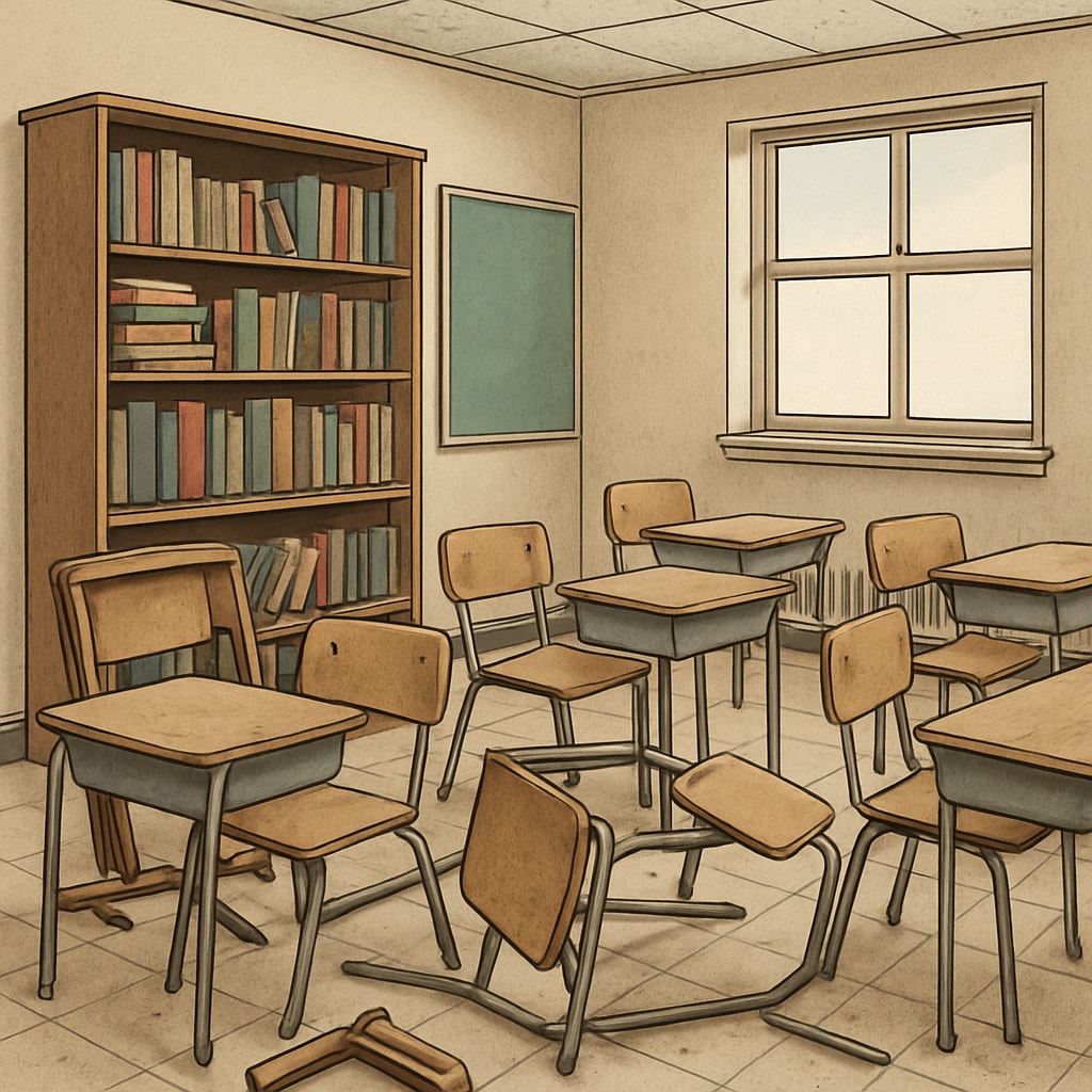 Public school showing the effects of underfunding due to privatization policies.