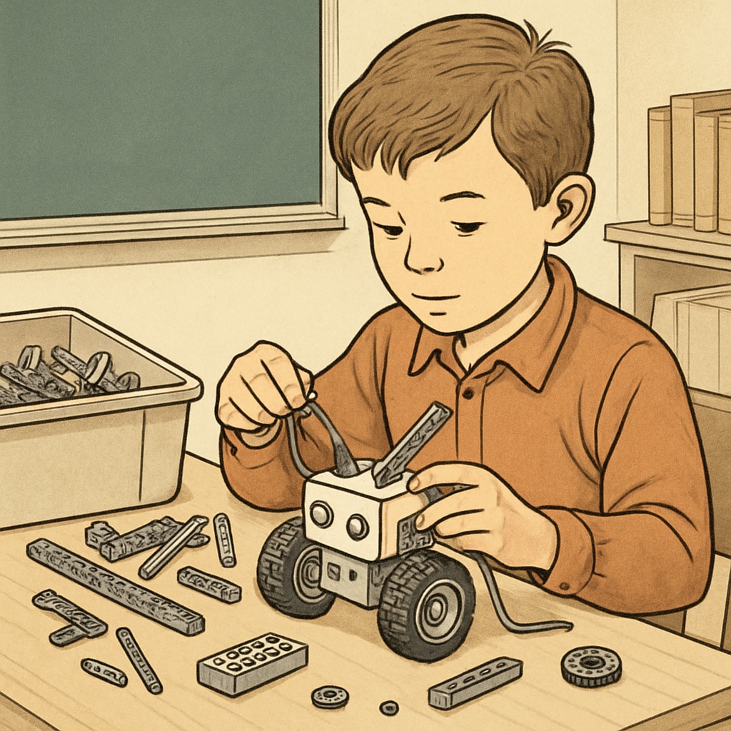 Child engaged in hands-on creativity and learning through robotics assembly.