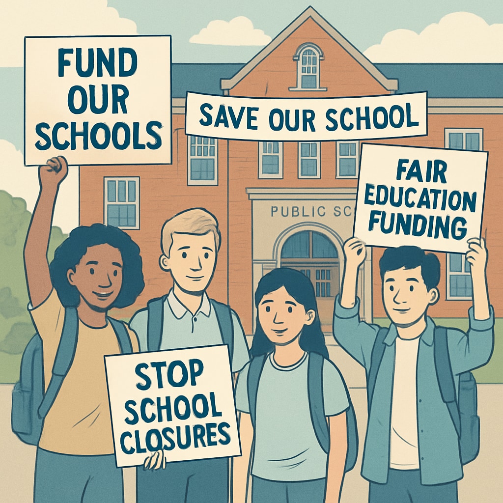 Students protesting public school closures caused by funding shortages.