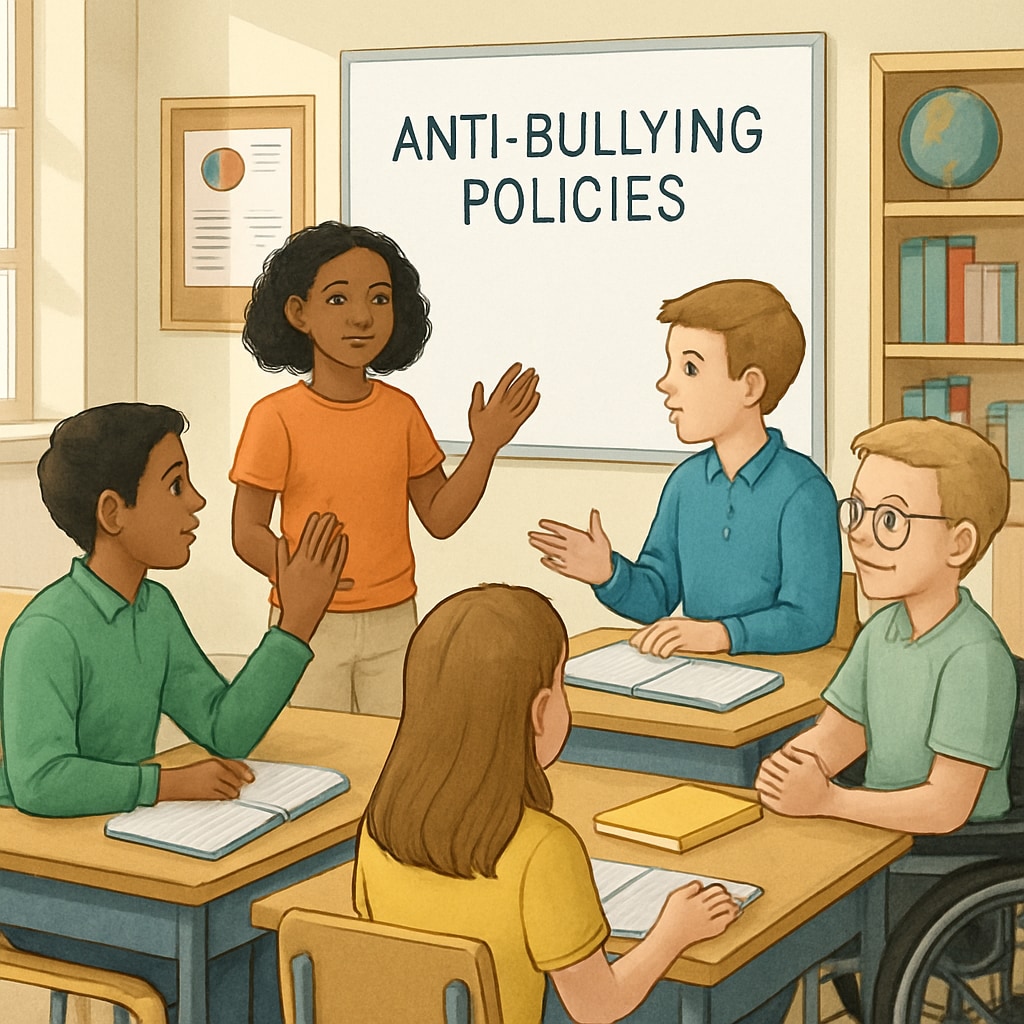 Students discussing anti-bullying policies in a classroom.