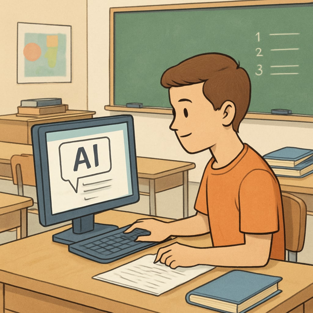A classroom setting where a student uses AI tools responsibly to enhance learning. Student using AI tools responsibly in a classroom environment.