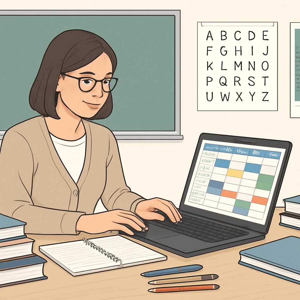 A teacher using a digital calendar tool on a laptop to plan lessons efficiently, surrounded by organized teaching materials. Teacher planning lessons with a digital calendar tool to address K12 education time management challenges
