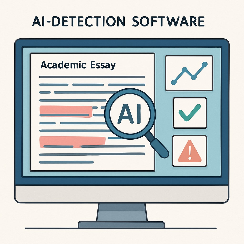 A visual representation of AI-detection software monitoring an academic essay. AI-detection software analyzing an academic essay for authenticity.
