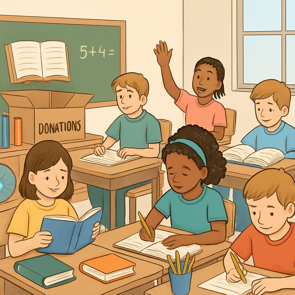 Students using donated classroom supplies such as books and pencils