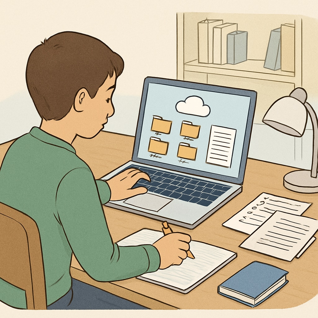 A student organizing notes and assignments using a cloud-based platform on their laptop, with a neat desk setup. Student organizing schoolwork digitally to reduce disorganization in K12 education