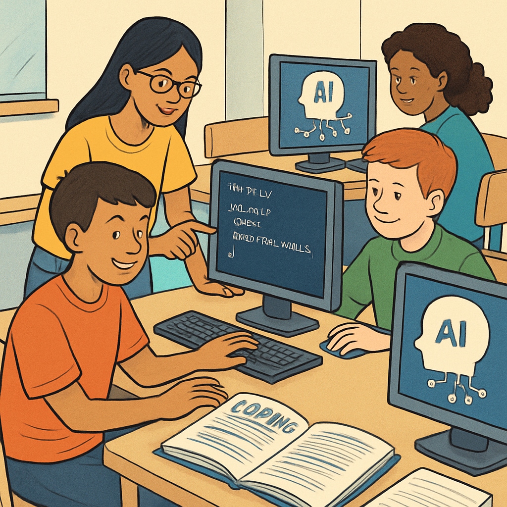 A group of students learning coding in a classroom, symbolizing the role of programmers in the AI era. Students learning coding, representing programmers' roles in the AI era.