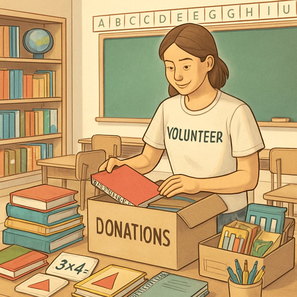 Volunteer organizing donated teaching supplies in a classroom