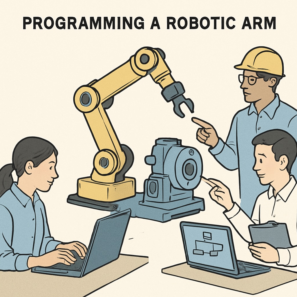 A robotic arm being programmed to assemble a machine, showcasing the collaboration of programmers and engineers. Robotic arm assembly, illustrating collaboration between programmers and engineers.