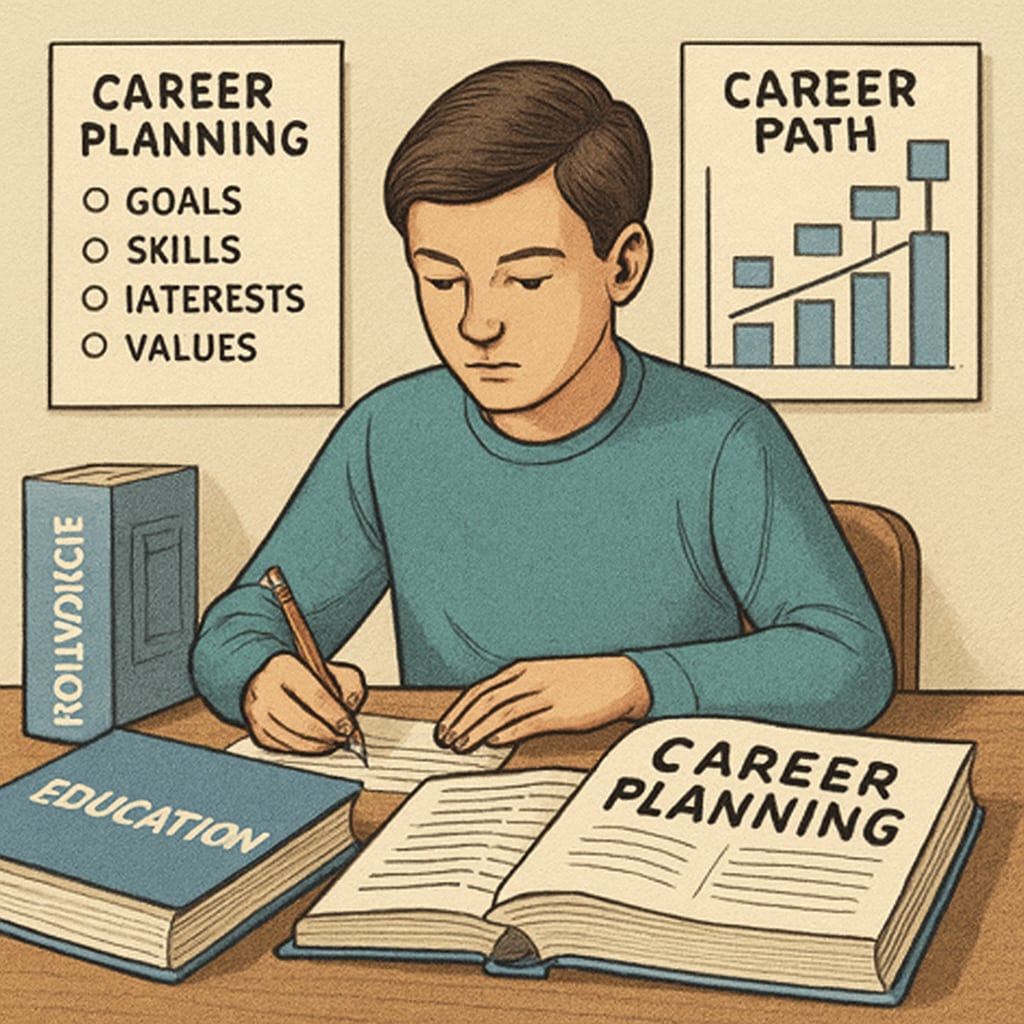 Student surrounded by career planning materials, representing academic planning and career choices.