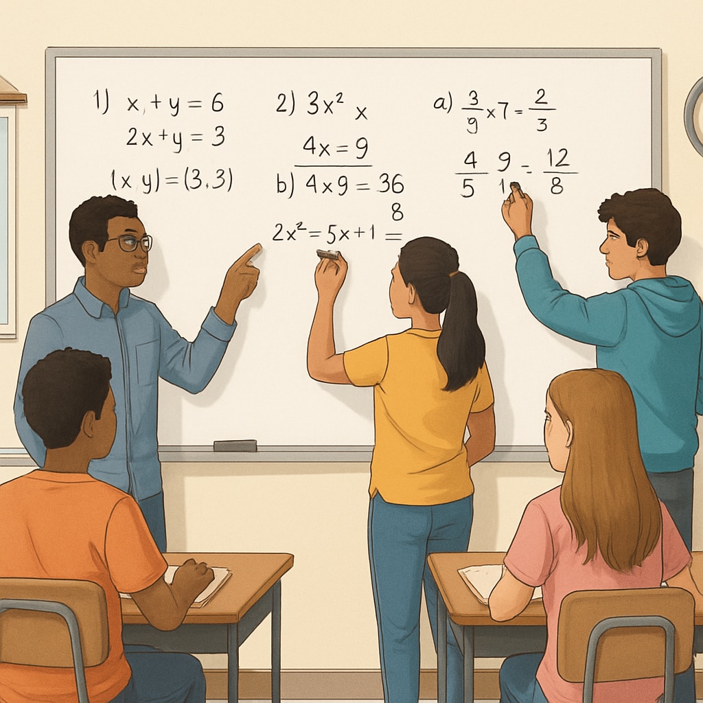 A high school classroom with students engaged in solving math problems on a whiteboard. The image illustrates a diverse group of students working collaboratively. High school students solving math problems in class