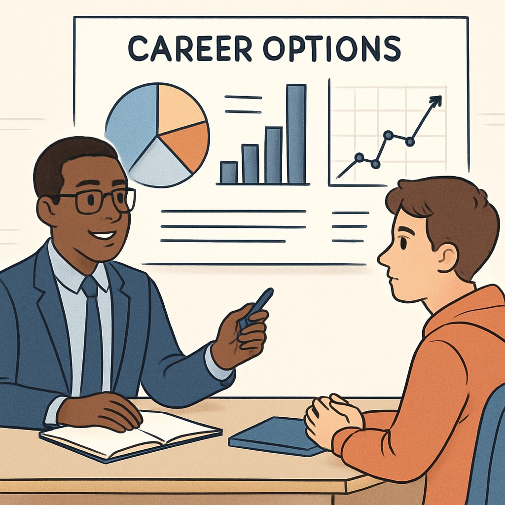 Career counselor advising a student using charts and graphs, symbolizing career guidance.