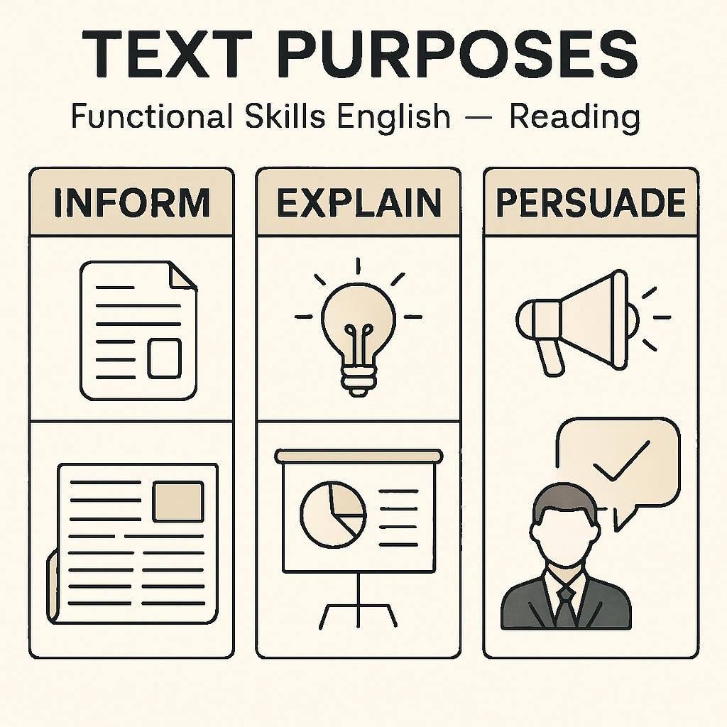Infographic explaining text purposes in Functional Skills English reading.