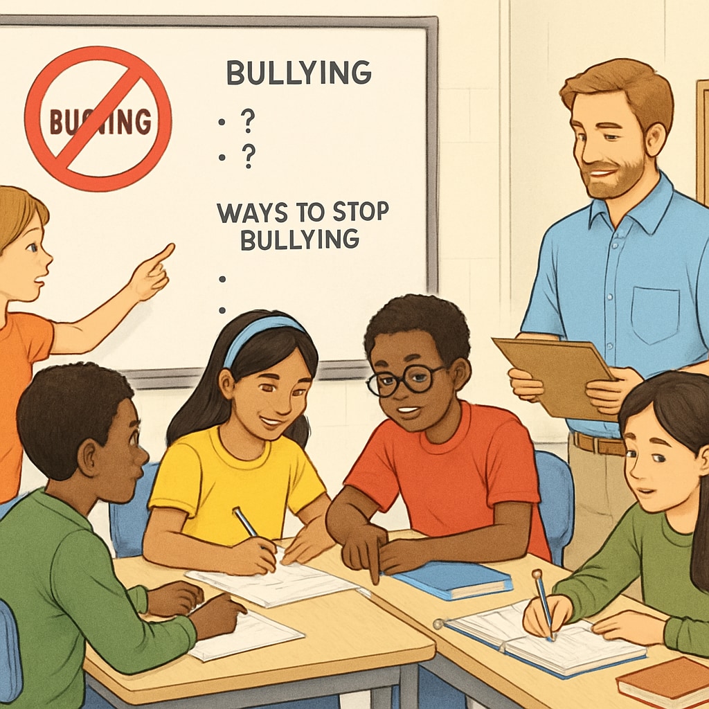 Students in a classroom engaging in an anti-bullying workshop to promote safety and empathy.